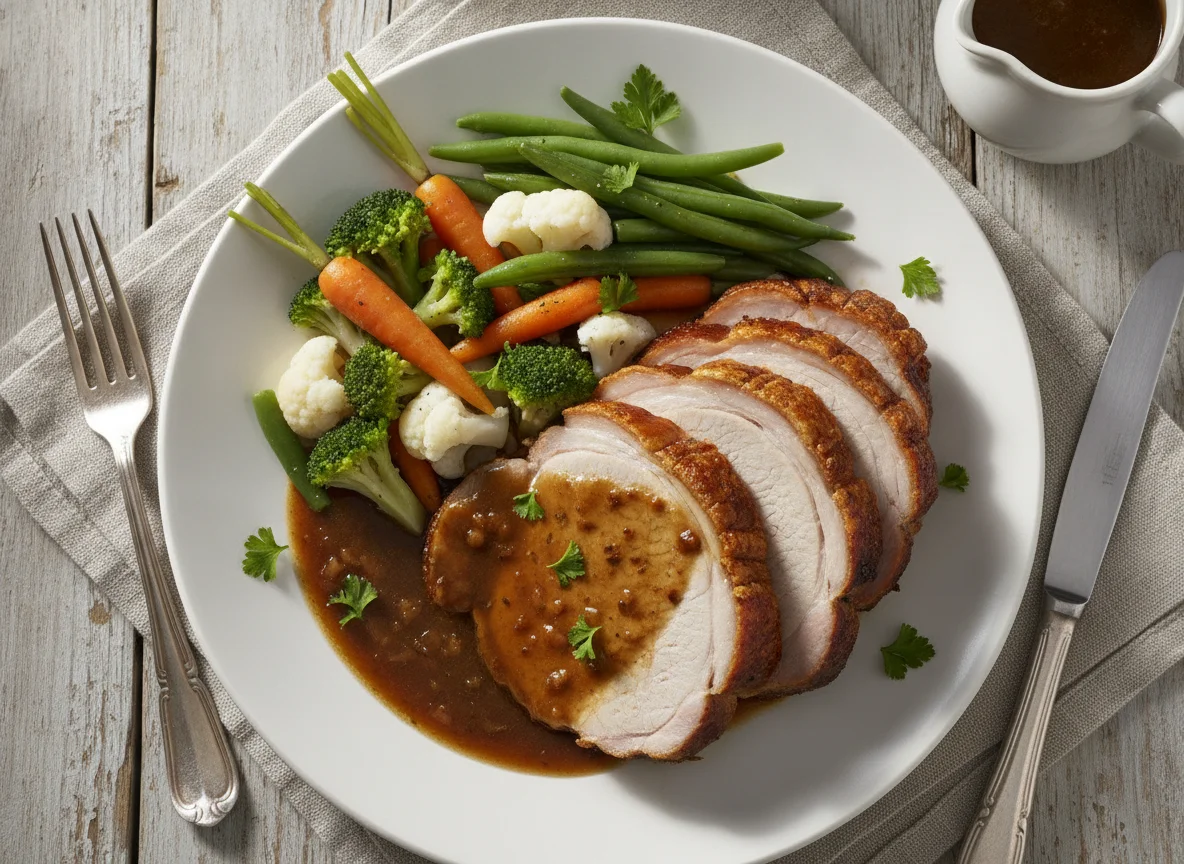 Schweinebraten mit Gemüse und Bratensoße photo