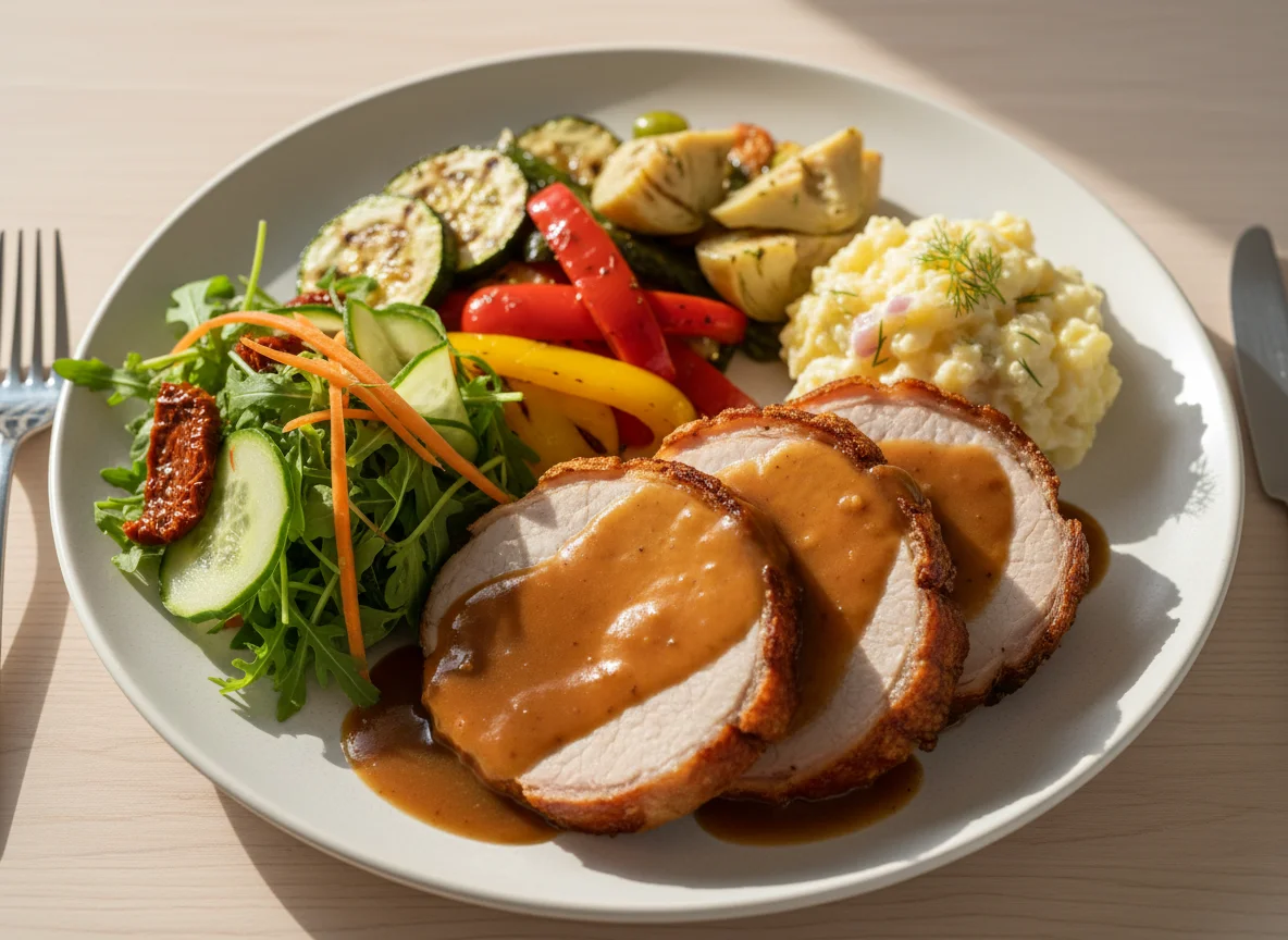 Schweinebraten mit Gemüse und Salat photo