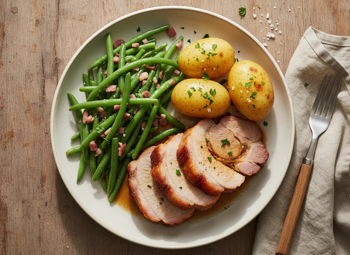 Schweinebraten mit grünen Bohnen und Kartoffeln photo