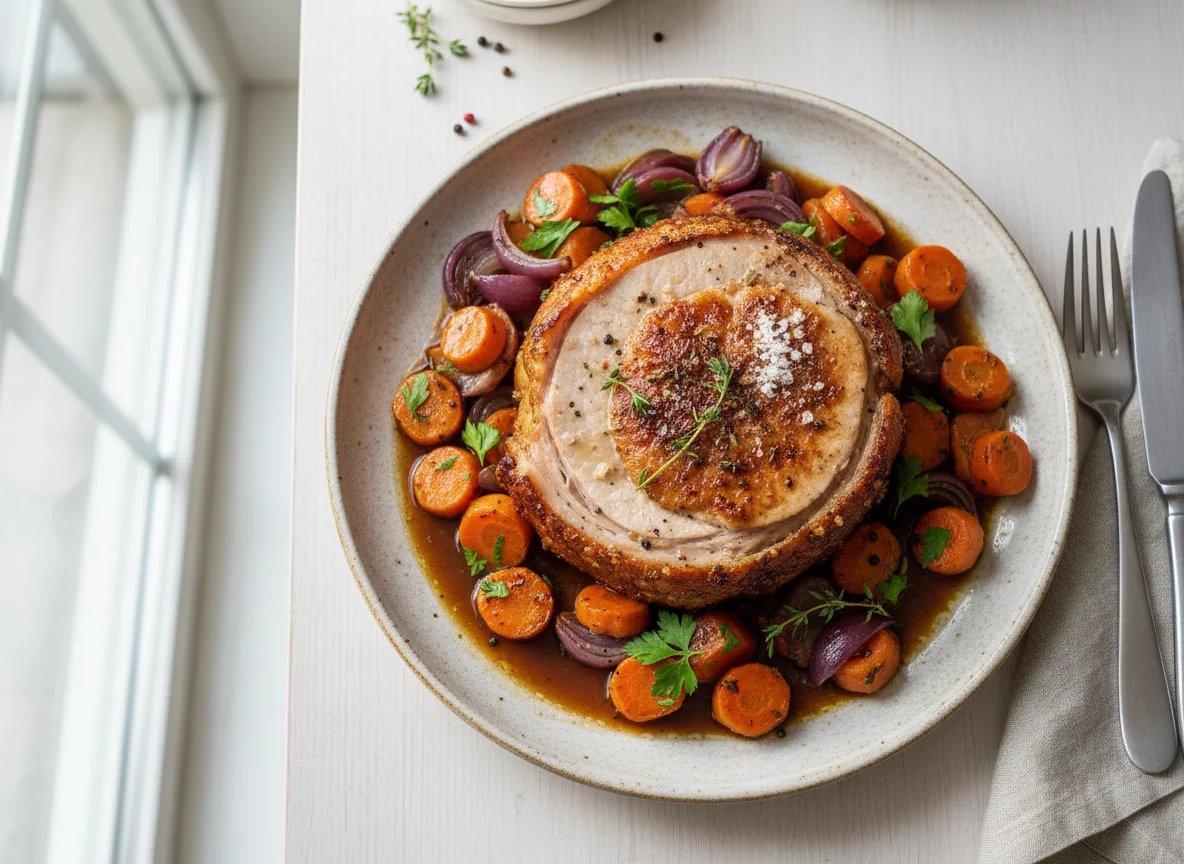 Schweinebraten mit Karotten und Zwiebeln photo