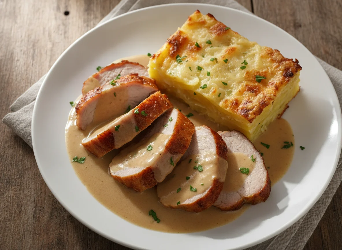 Schweinebraten mit Kartoffelgratin photo