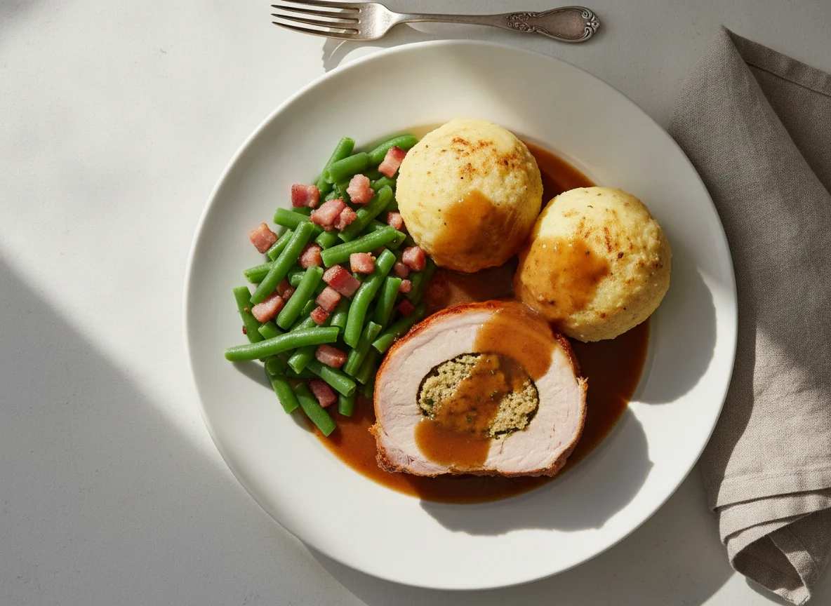 Schweinebraten mit Kartoffelklößen und grünen Bohnen photo