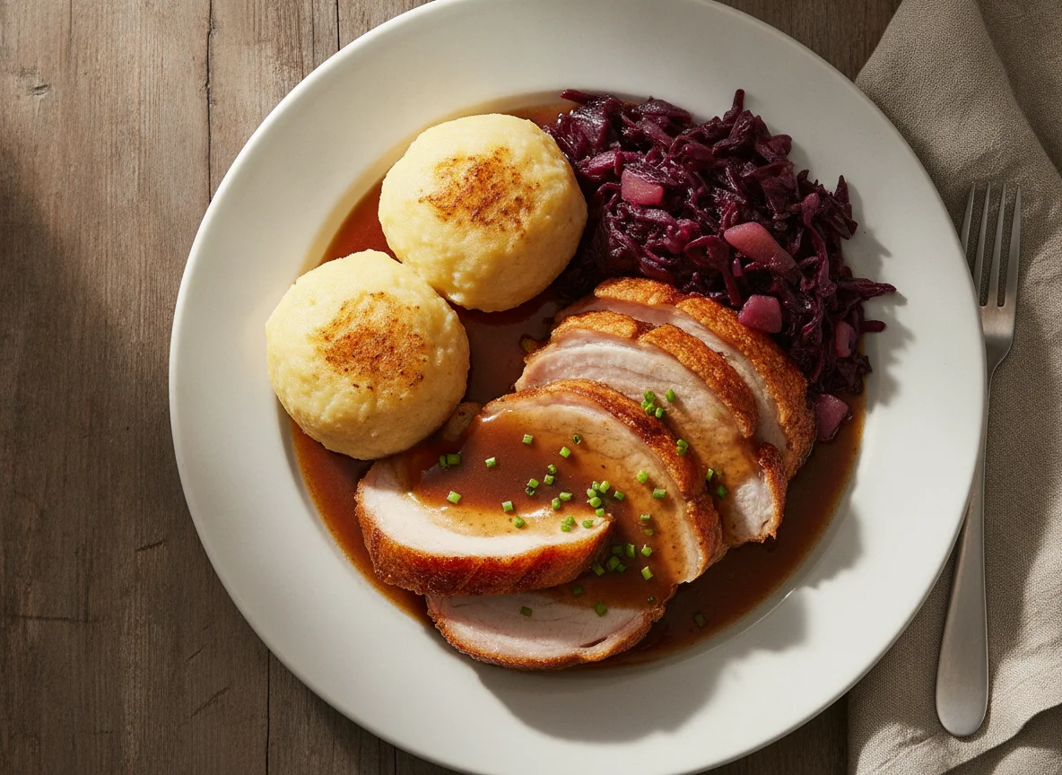 Schweinebraten mit Kartoffelklößen und Rotkohl photo