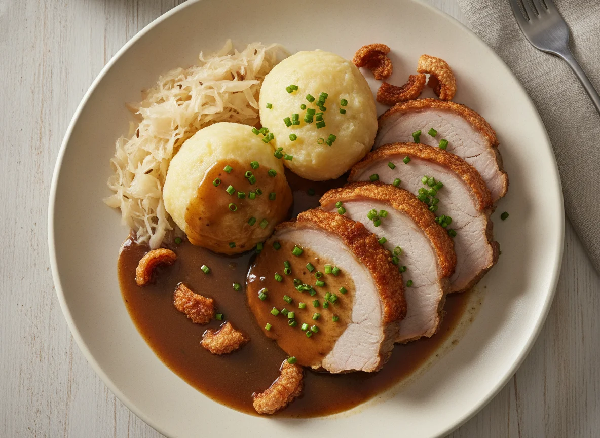 Schweinebraten mit Kartoffelknödel, Sauerkraut und Bratensoße photo