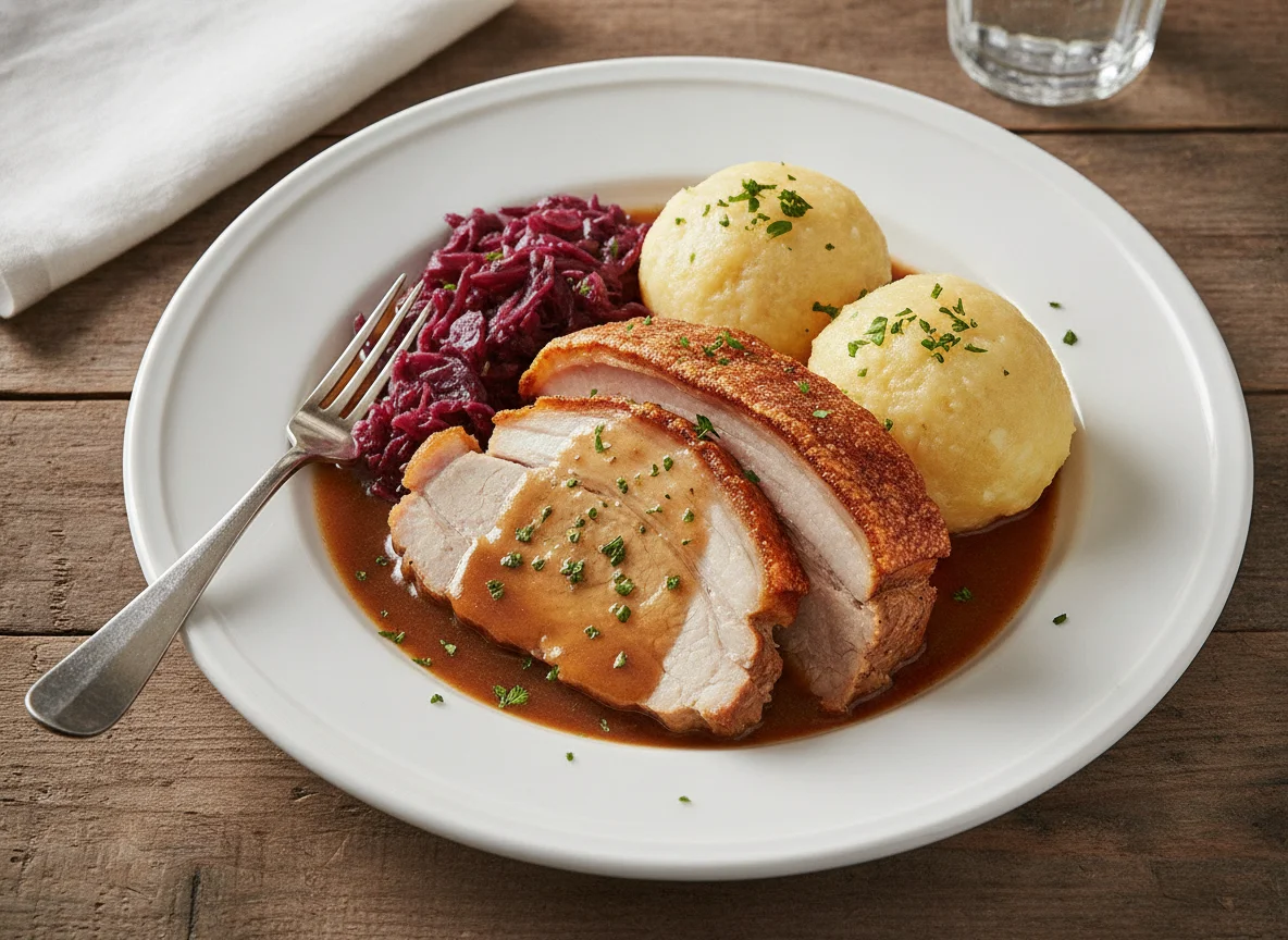 Schweinebraten mit Kartoffelknödel und Rotkohl photo
