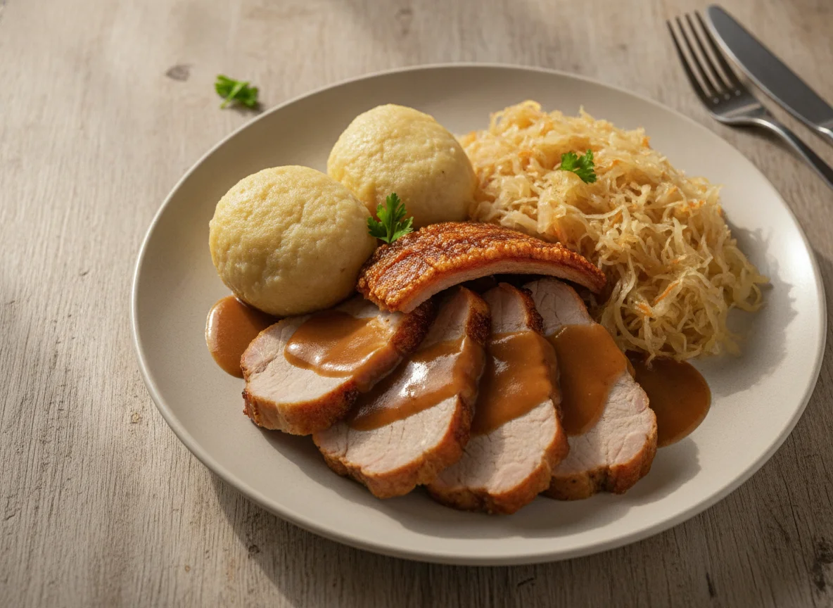 Schweinebraten mit Kartoffelknödel und Sauerkraut photo