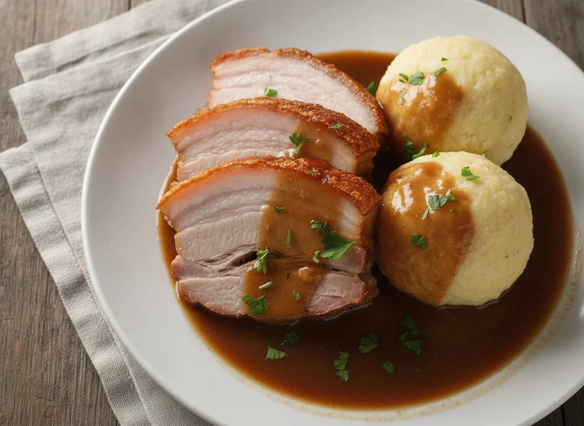 Schweinebraten mit Kartoffelknödeln und Bratensoße photo