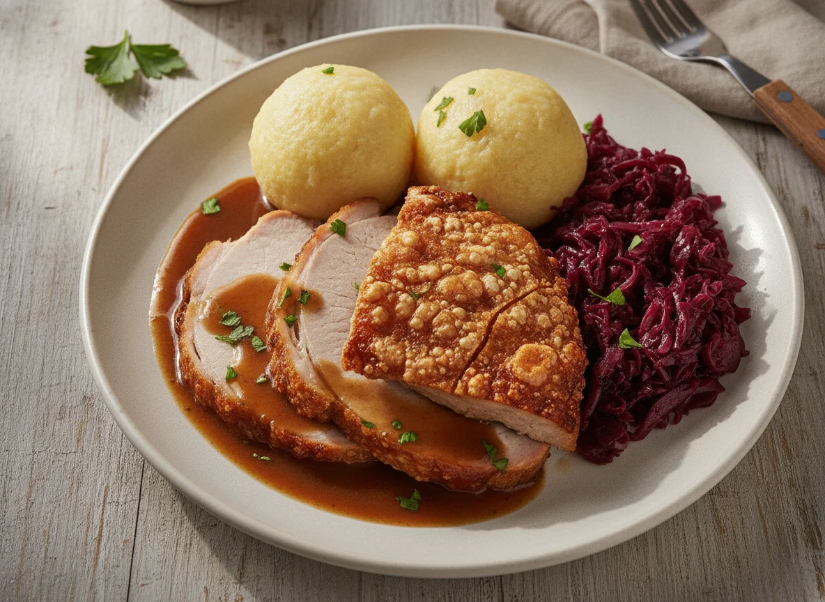 Schweinebraten mit Kartoffelknödeln und Rotkohl photo