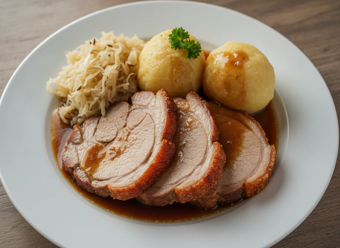 Schweinebraten mit Kartoffelknödeln und Sauerkraut photo