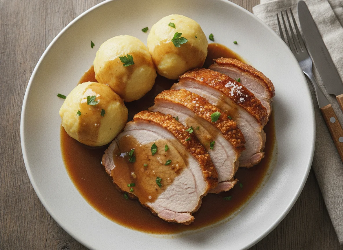 Schweinebraten mit Kartoffelknödeln und Soße photo