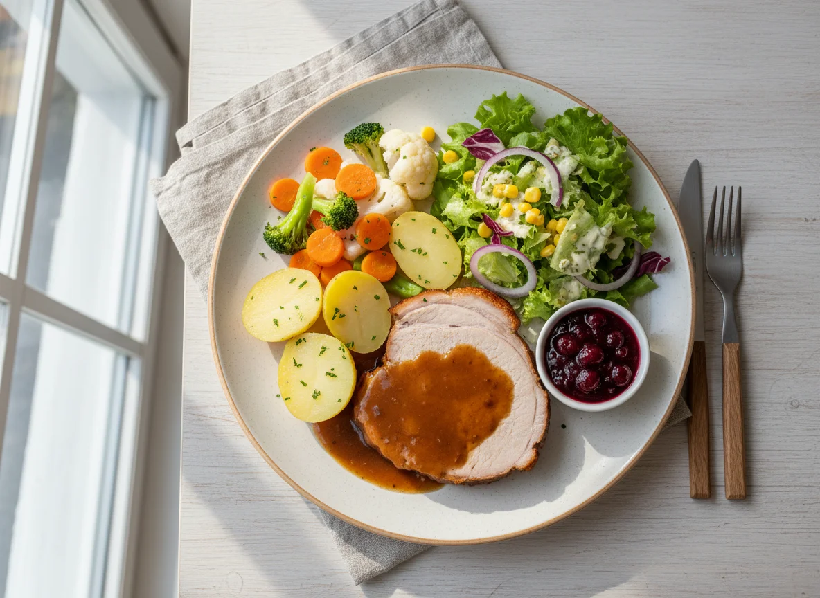 Schweinebraten mit Kartoffeln, Gemüse und Salat photo