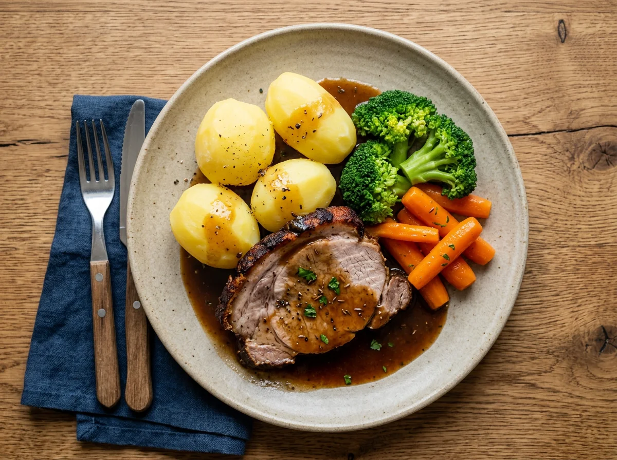 Schweinebraten mit Kartoffeln, Karotten und Brokkoli photo