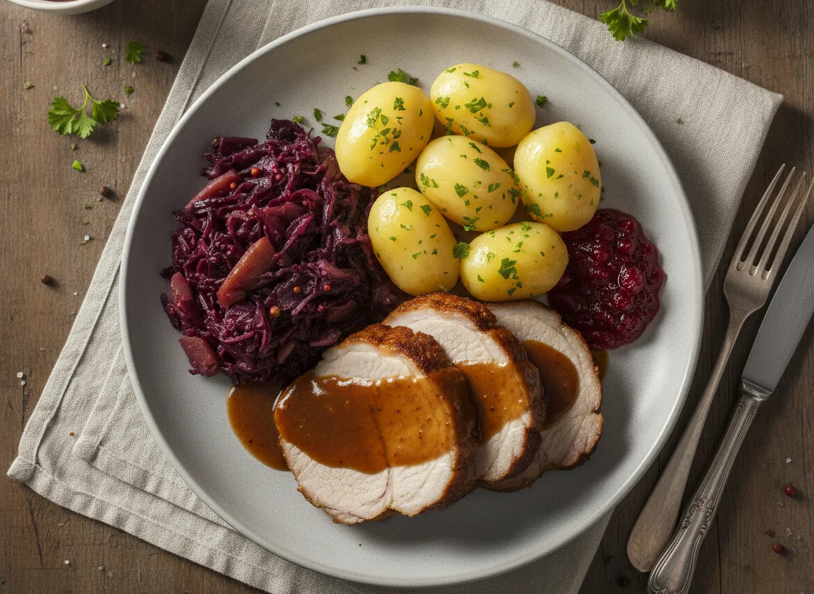 Schweinebraten mit Kartoffeln, Krautsalat und Preiselbeeren photo