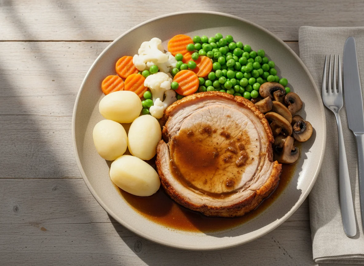 Schweinebraten mit Kartoffeln und Erbsen-Gemüse photo