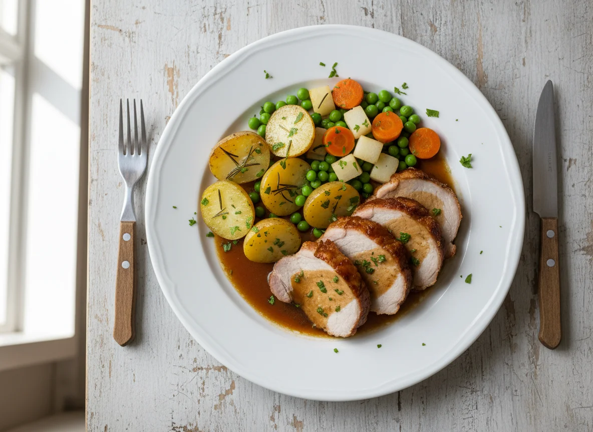 Schweinebraten mit Kartoffeln und Gemüse photo