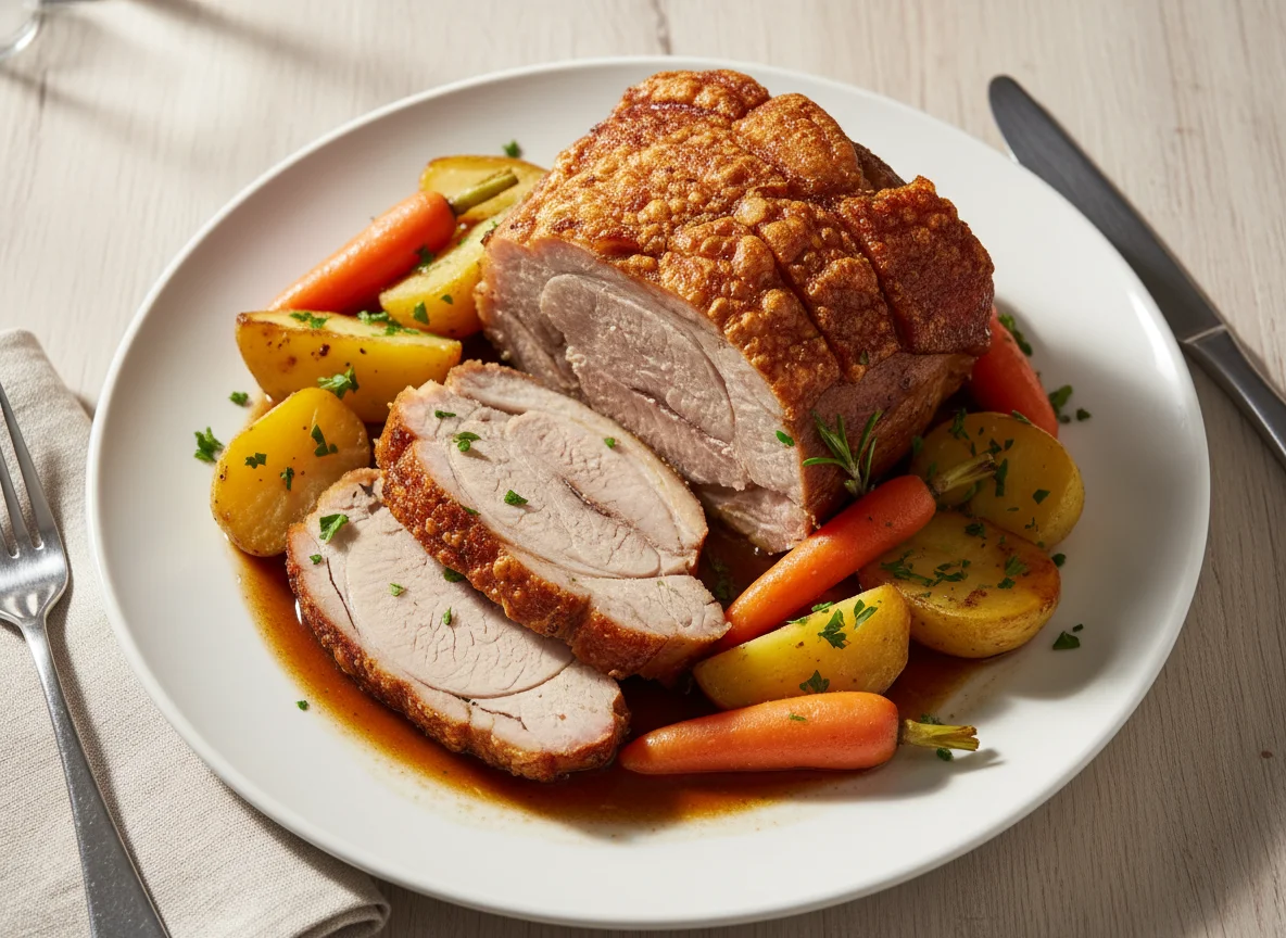 Schweinebraten mit Kartoffeln und Karotten photo