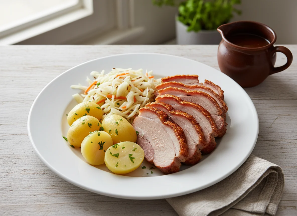 Schweinebraten mit Kartoffeln und Krautsalat photo