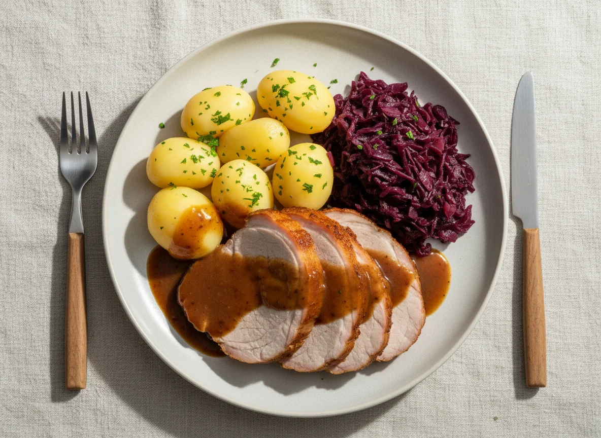 Schweinebraten mit Kartoffeln und Rotkohl photo