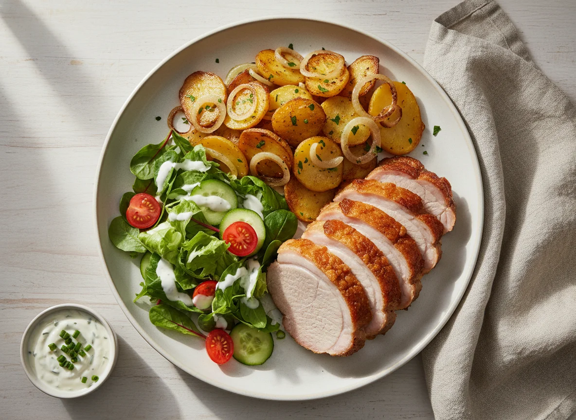 Schweinebraten mit Kartoffeln und Salat photo