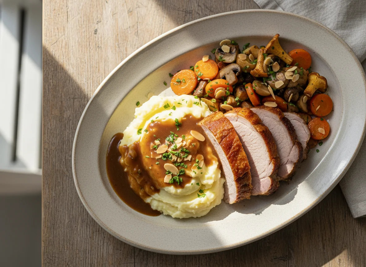 Schweinebraten mit Kartoffelpüree, Soße und Gemüse photo