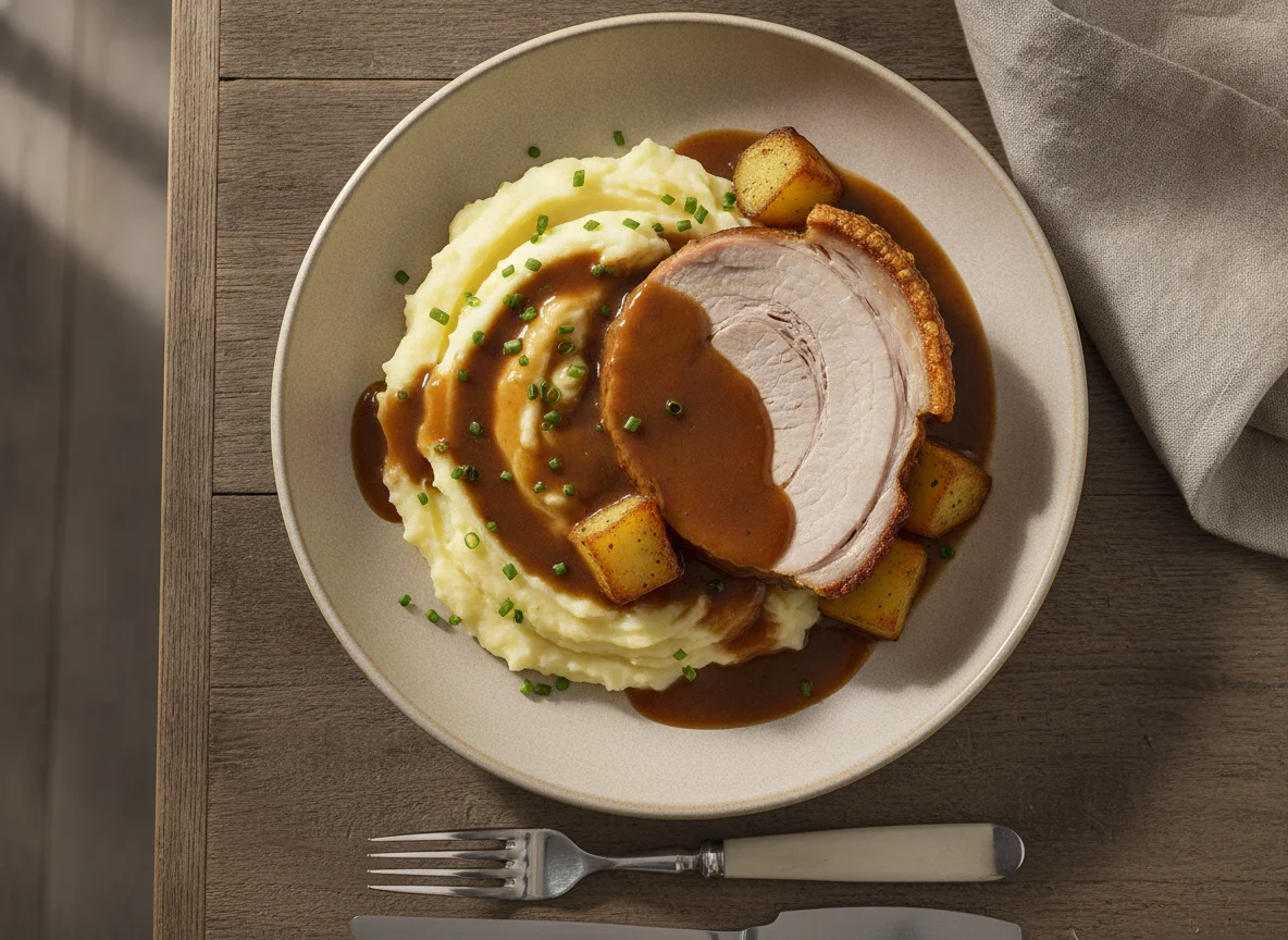 Schweinebraten mit Kartoffelpüree und Bratensoße photo
