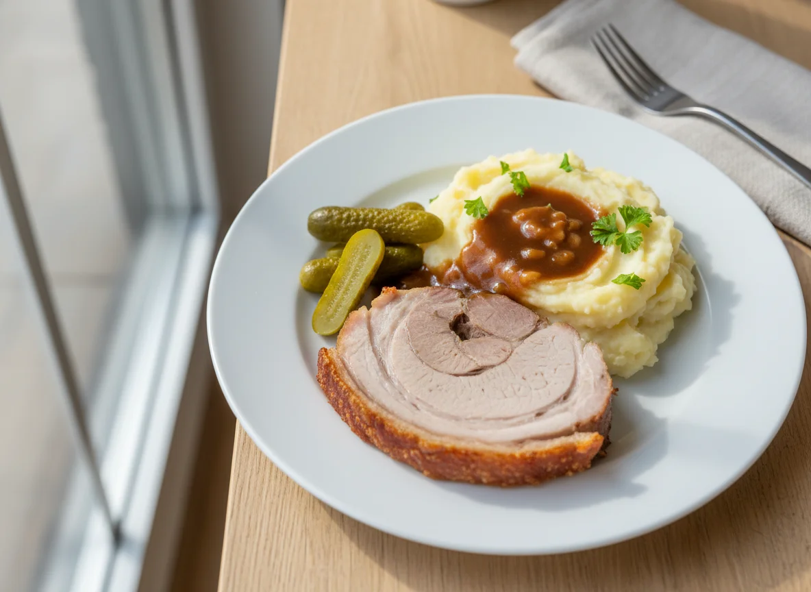 Schweinebraten mit Kartoffelpüree und Essiggurken photo