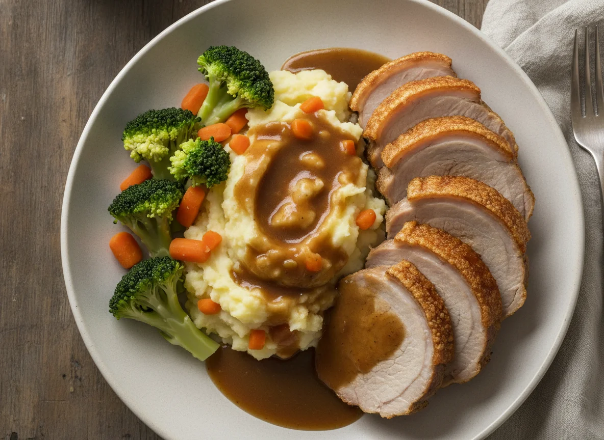 Schweinebraten mit Kartoffelstampf und Brokkoli photo