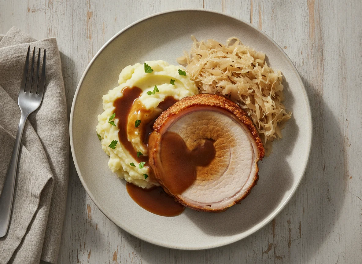 Schweinebraten mit Kartoffelstampf und Sauerkraut photo