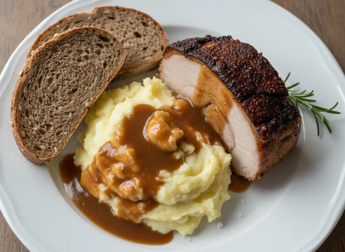 Schweinebraten mit Kartoffelstock und Brot photo