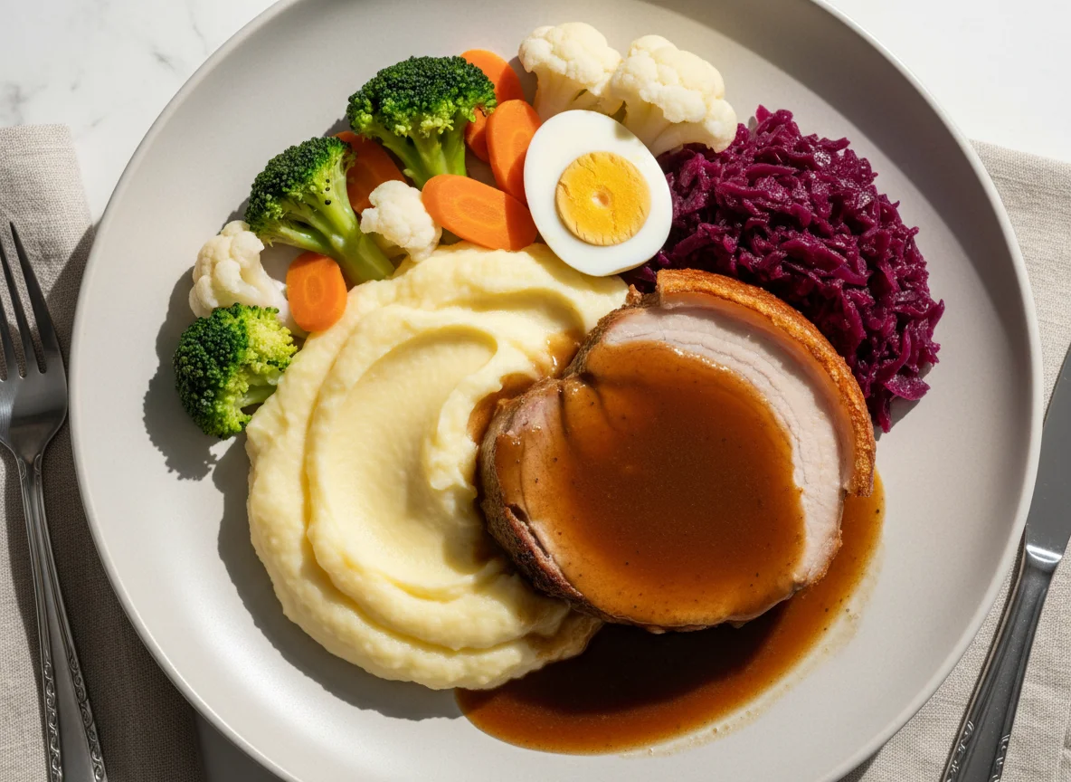 Schweinebraten mit Kartoffelstock und Gemüse photo