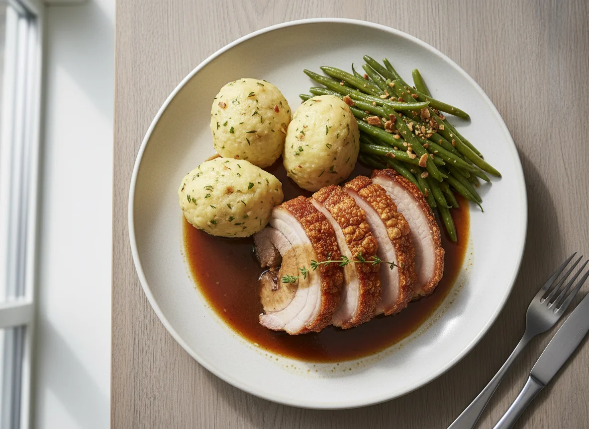 Schweinebraten mit Klößen und grünen Bohnen photo