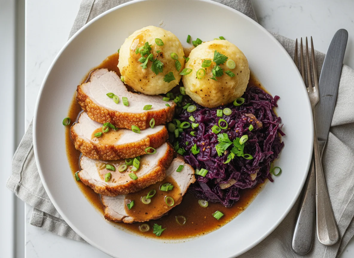 Schweinebraten mit Klößen und Rotkohl photo