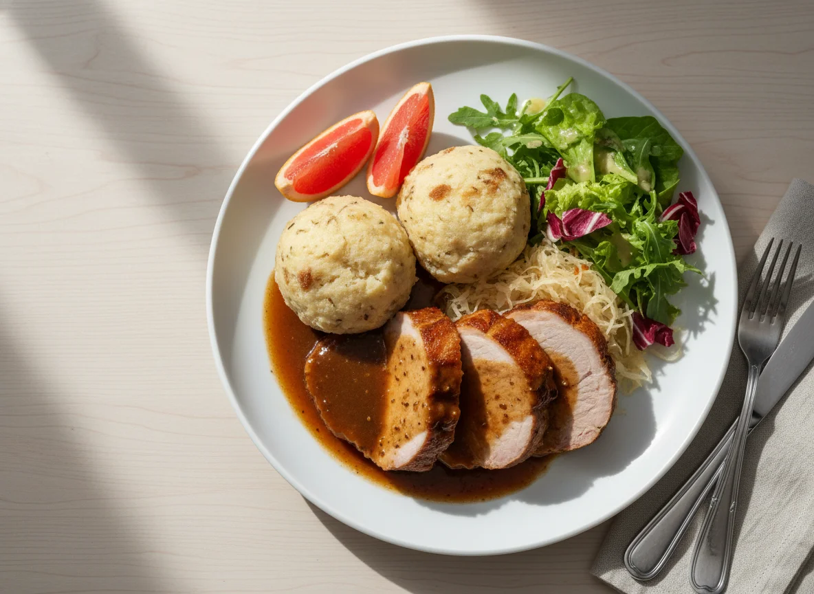 Schweinebraten mit Knödel, Kraut, Salat und Grapefruit photo