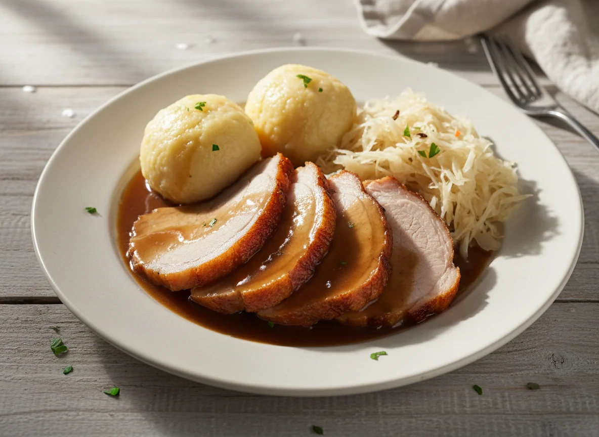 Schweinebraten mit Knödel und Sauerkraut photo