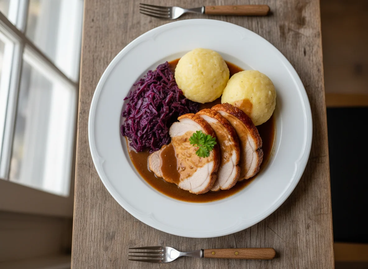 Schweinebraten mit Knödeln und Rotkohl photo