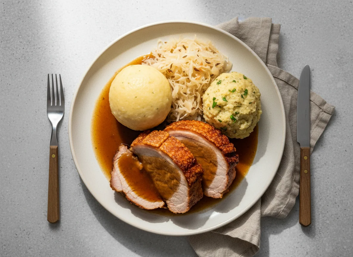Schweinebraten mit Knödeln und Sauerkraut photo
