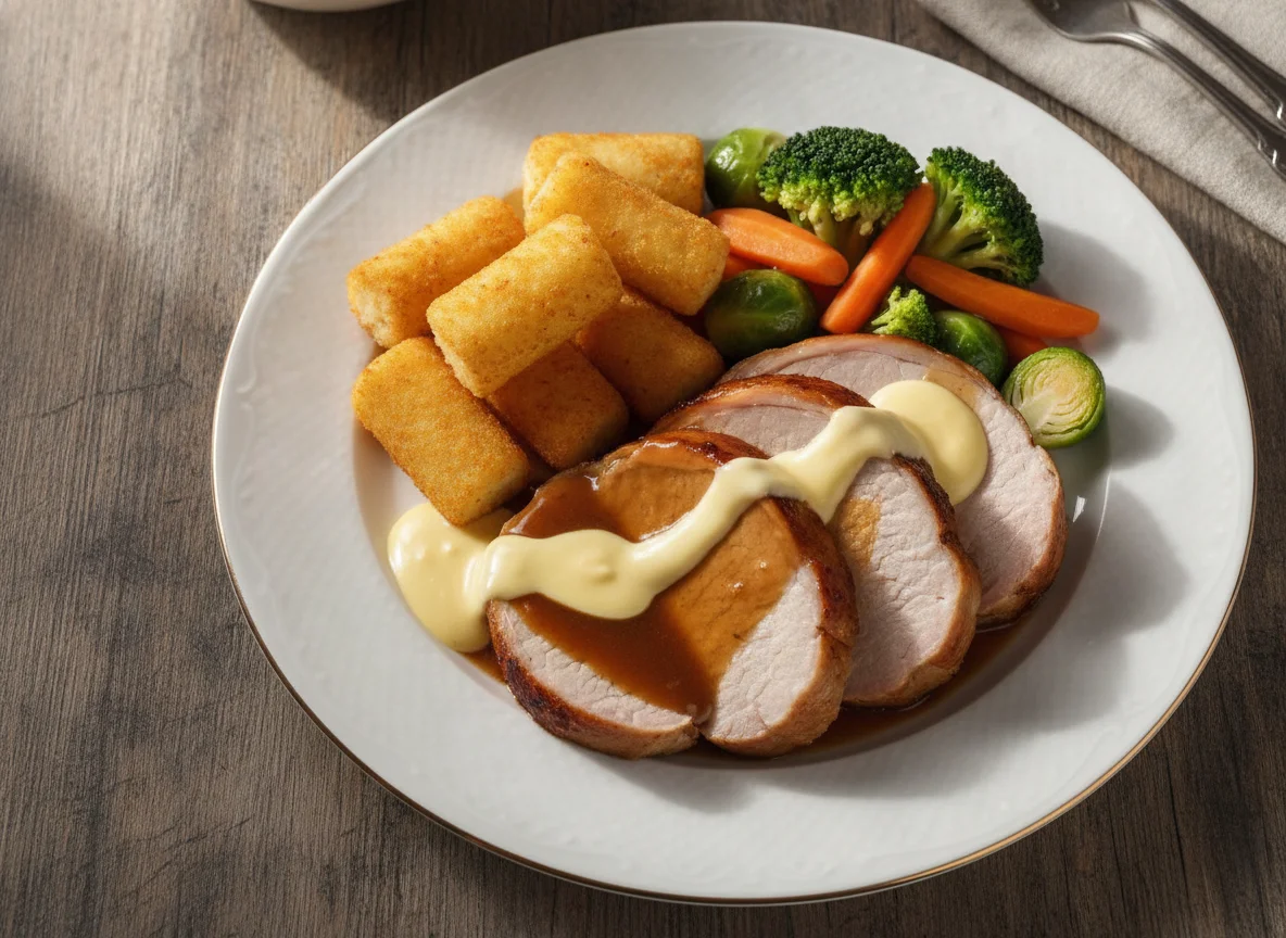 Schweinebraten mit Kroketten, Gemüse und Sauce Hollandaise photo