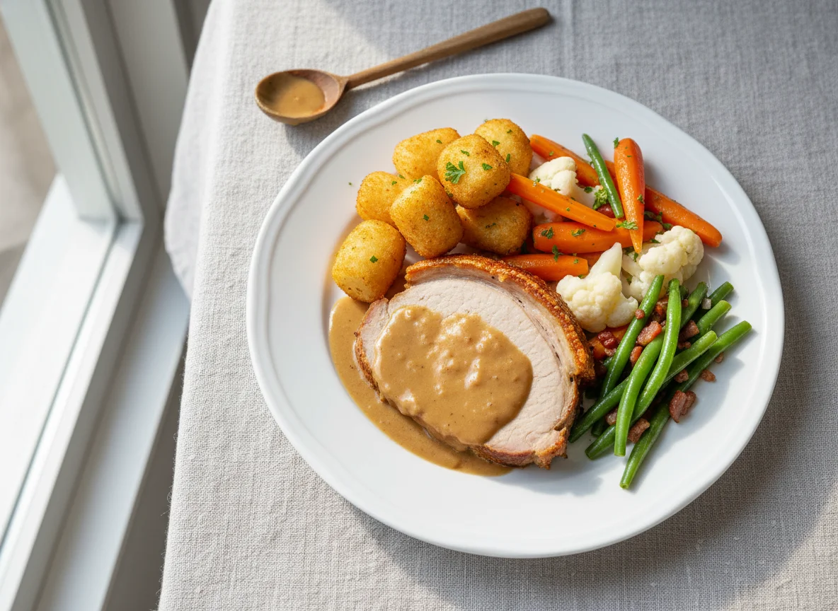 Schweinebraten mit Kroketten und Gemüse photo