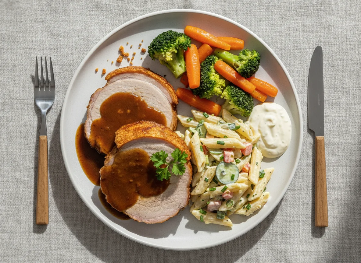 Schweinebraten mit Nudelsalat und Gemüse photo