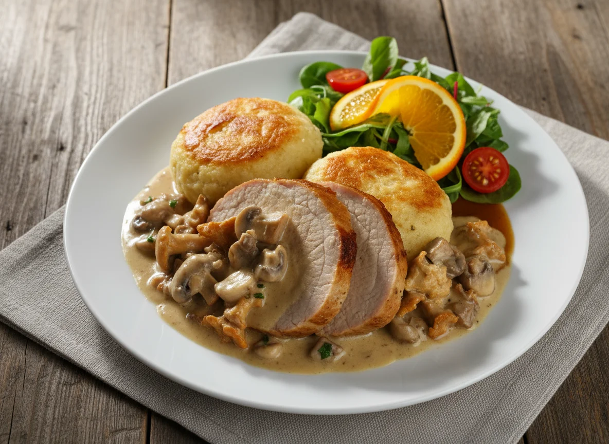 Schweinebraten mit Pilzrahmsoße und Knödeln photo