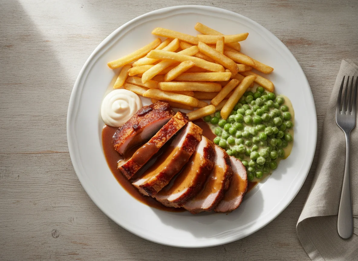 Schweinebraten mit Pommes, Erbsen und Sauce photo