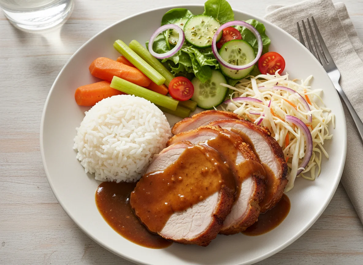 Schweinebraten mit Reis, Karotten, Sellerie und Krautsalat photo