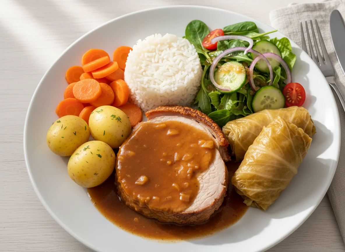 Schweinebraten mit Reis, Karotten und Krautwickel photo