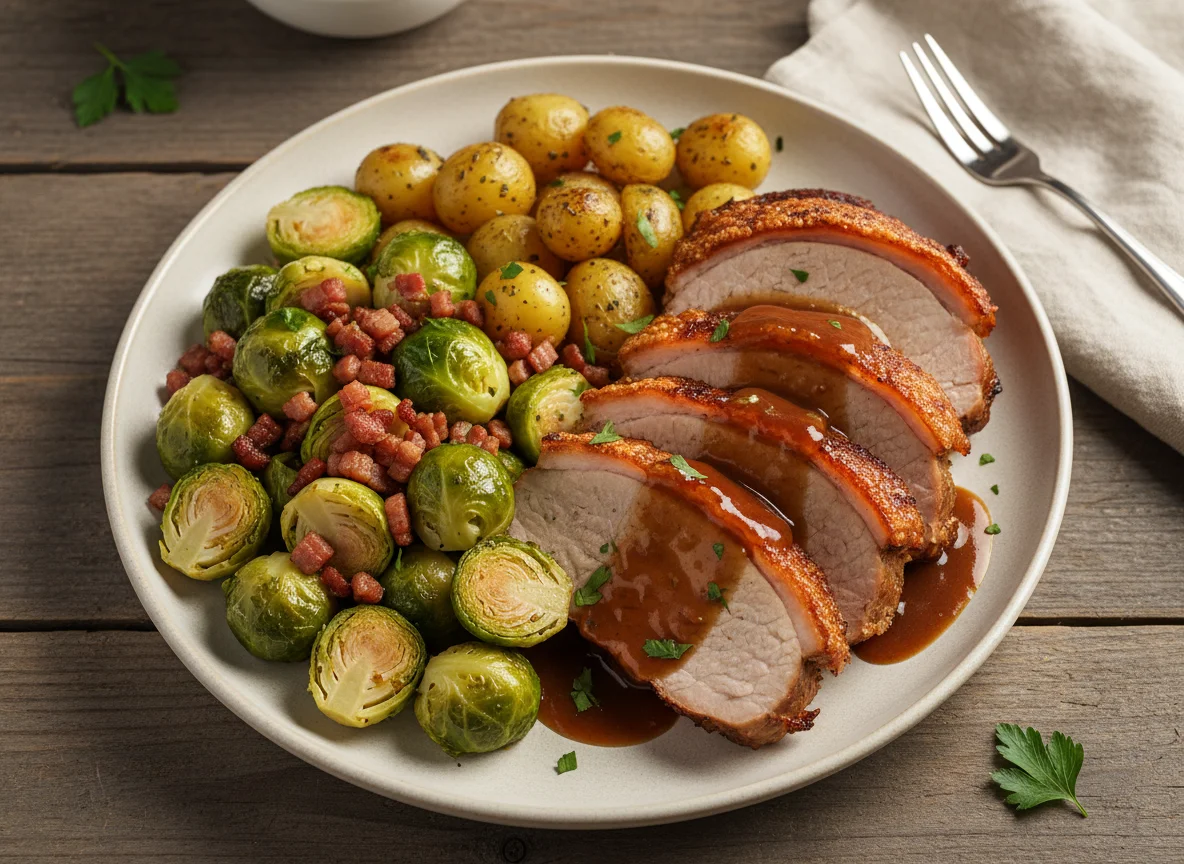 Schweinebraten mit Rosenkohl und Kartoffeln photo