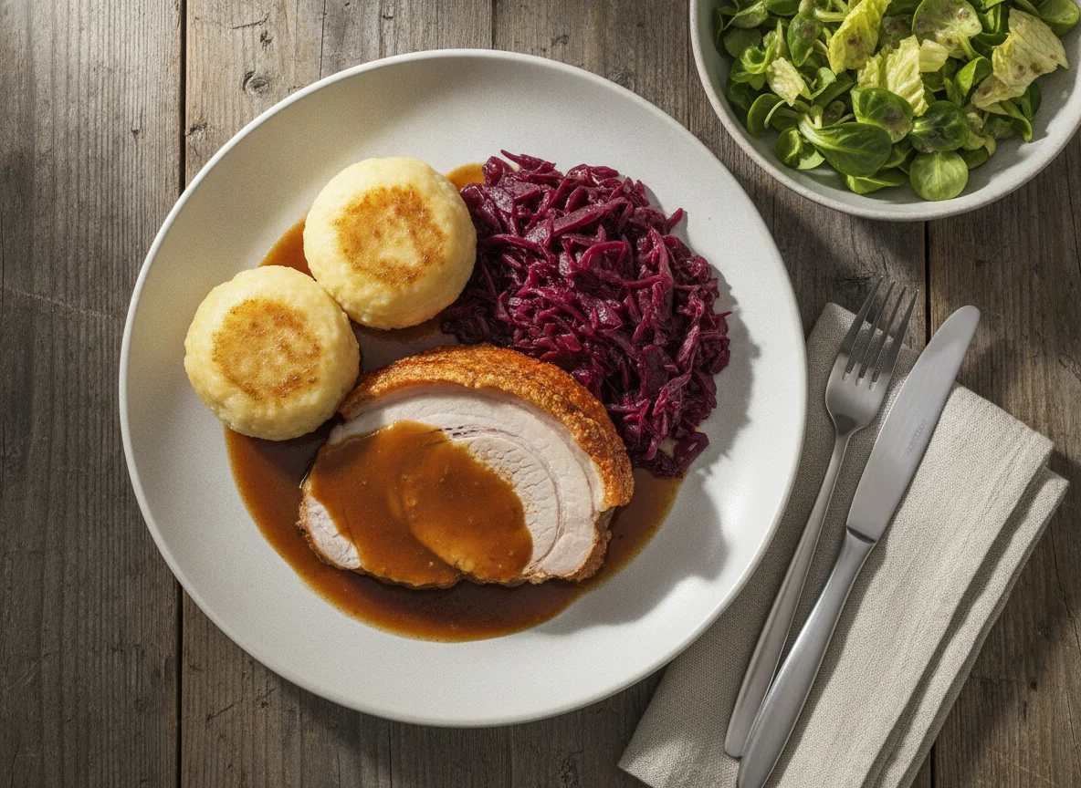 Schweinebraten mit Rotkohl, Klößen und Salat photo