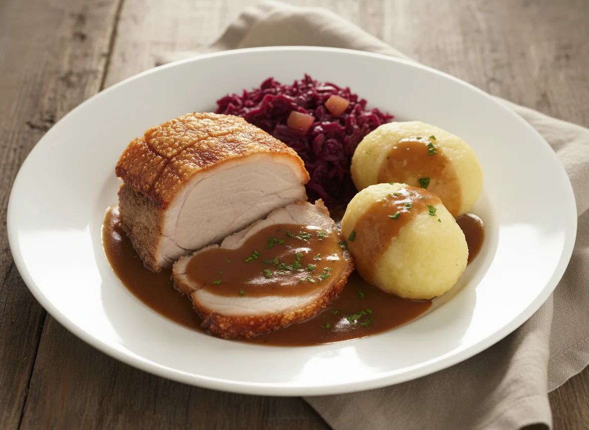 Schweinebraten mit Rotkohl und Klößen photo