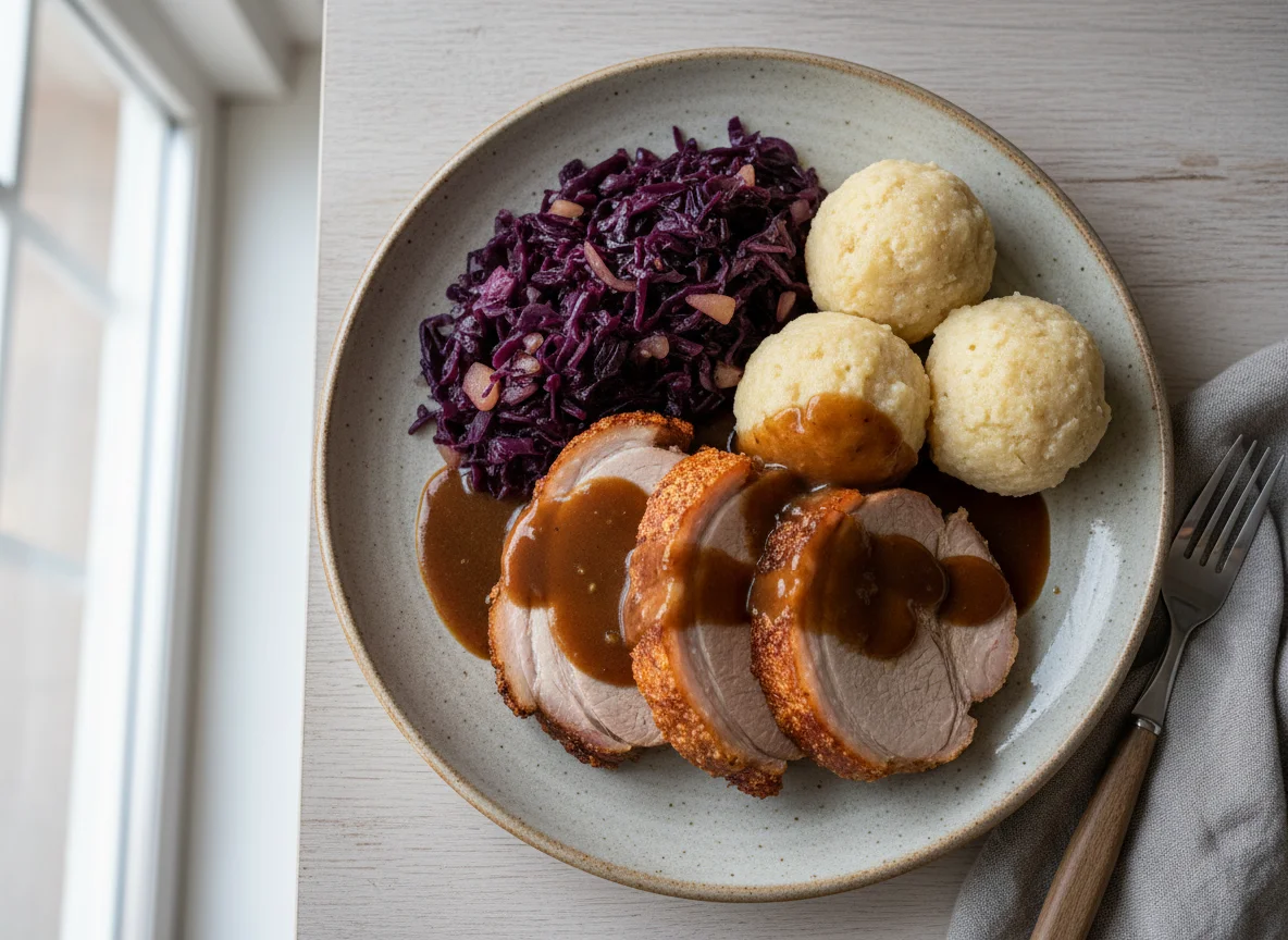 Schweinebraten mit Rotkohl und Knödeln photo