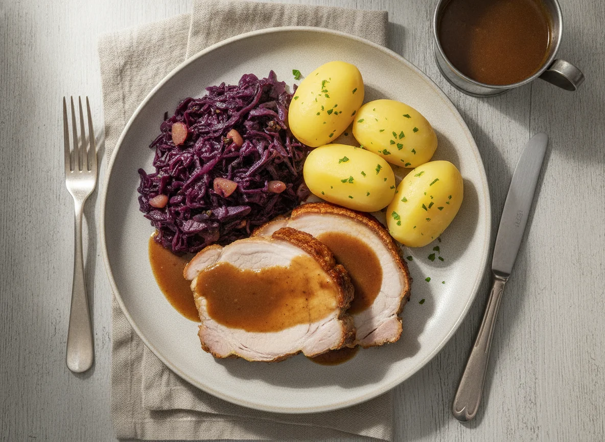 Schweinebraten mit Rotkohl und Salzkartoffeln photo