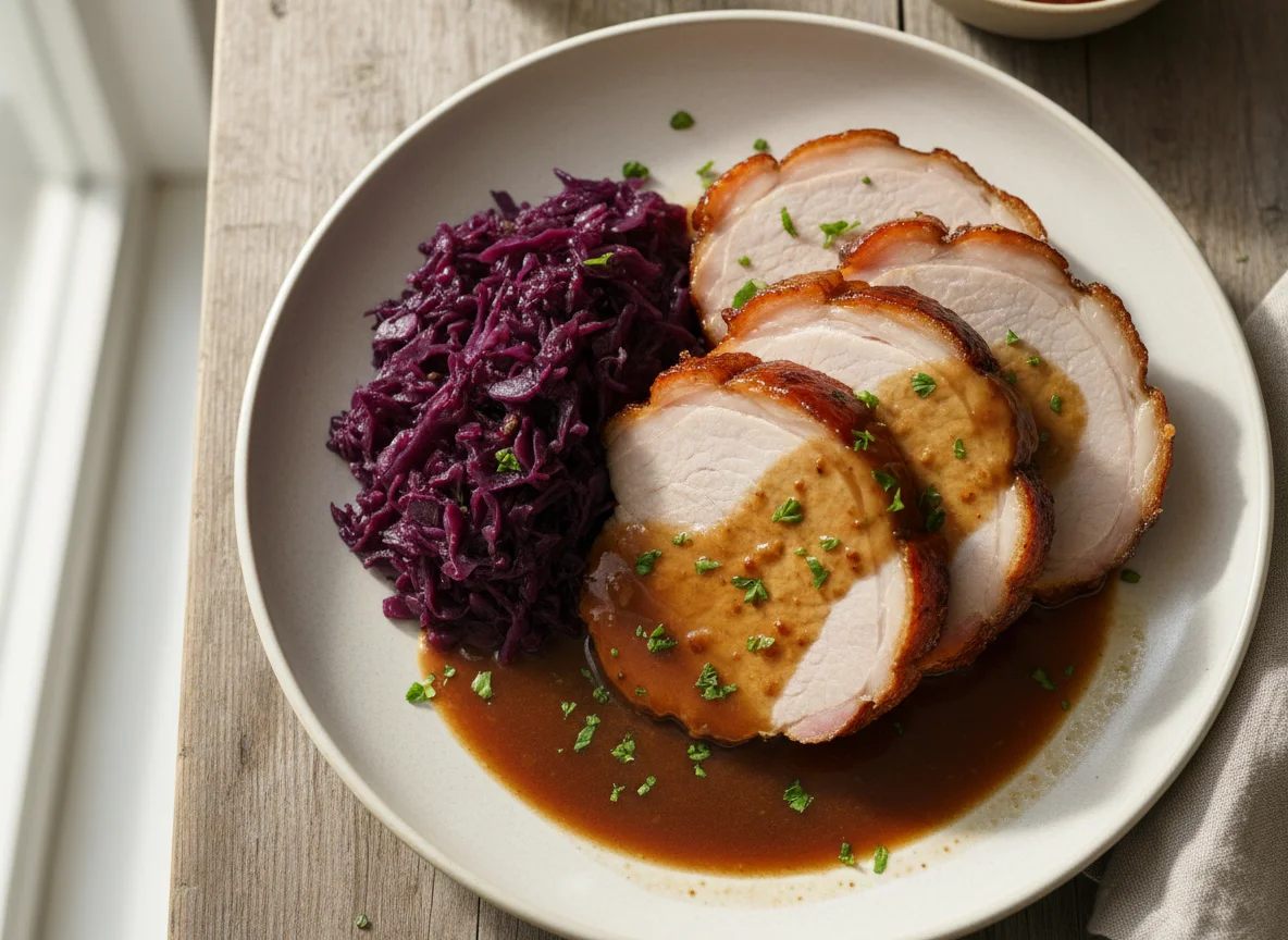Schweinebraten mit Rotkohl und Soße photo