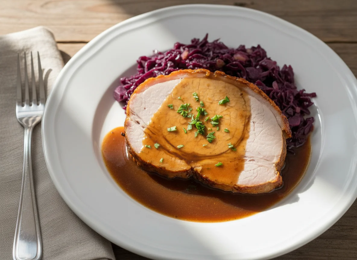 Schweinebraten mit Rotkraut und Sauce photo